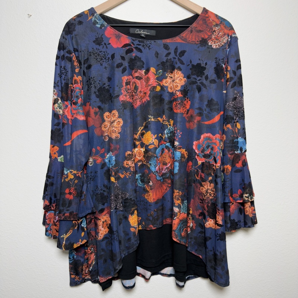 Calessa Women Velvet Floral Top 1X Blue 3/4 Flare Sleeve Scoop Neck Boho Western